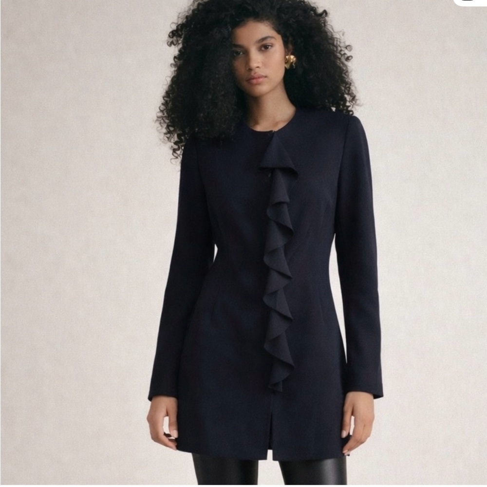 ZARA Navy Longline Tailored Ruffle Blazer • Navy • XS